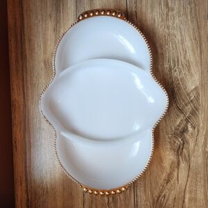 Vintage Anchor Hocking Fire King Milk Glass Divided Tray with Gold Trim 1950s